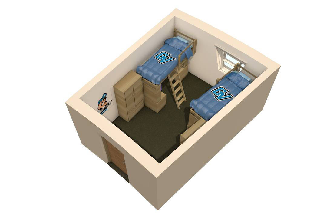 Traditional Floor Plan with two beds, wardrobes, and desks.